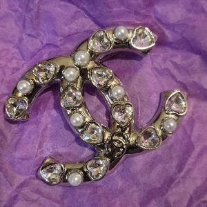 Iconic Logo Brooch with Crystal Hearts and Faux Pearls